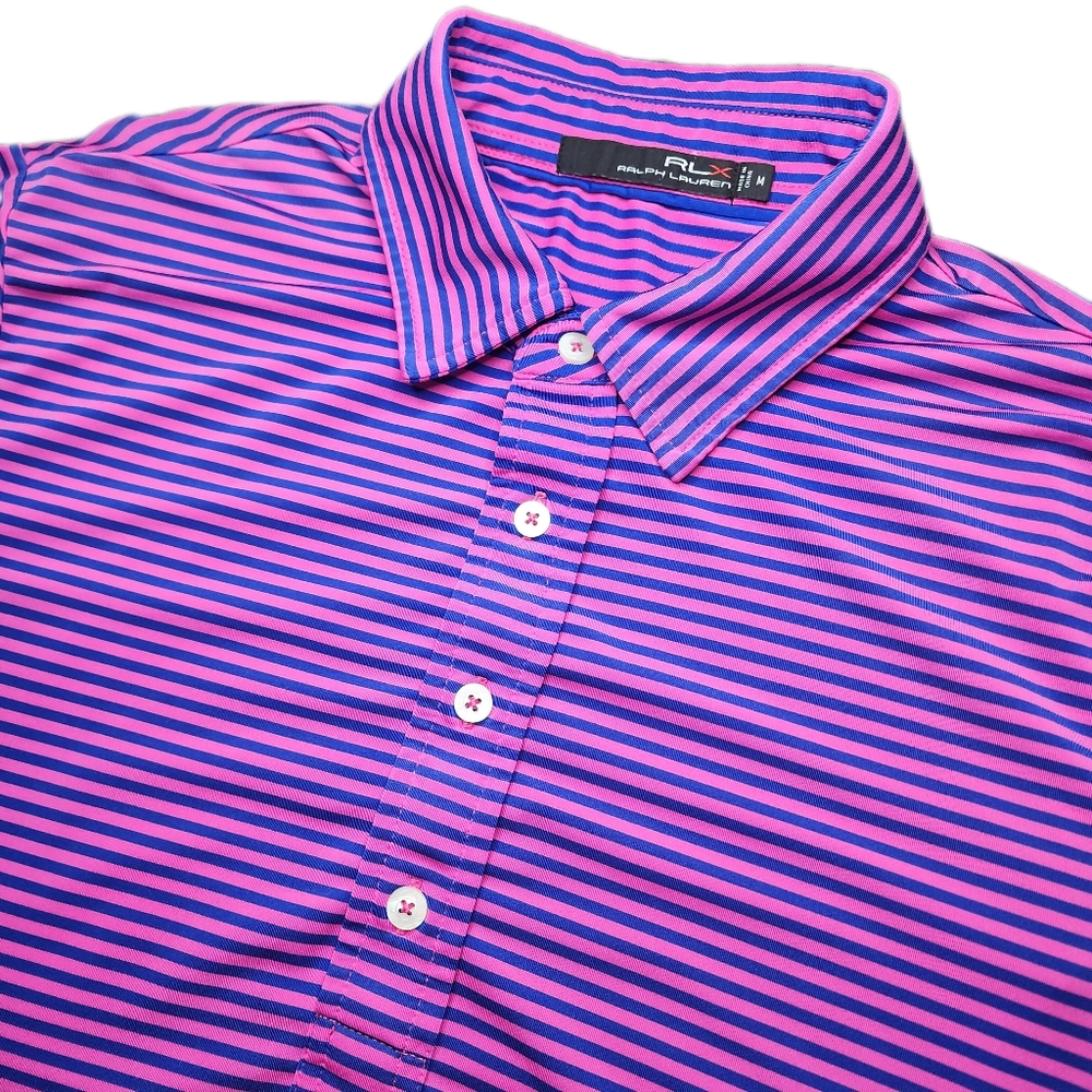 RLX Ralph Lauren Mens Medium Pink & Blue Striped S/S Performance Golf Polo Shirt